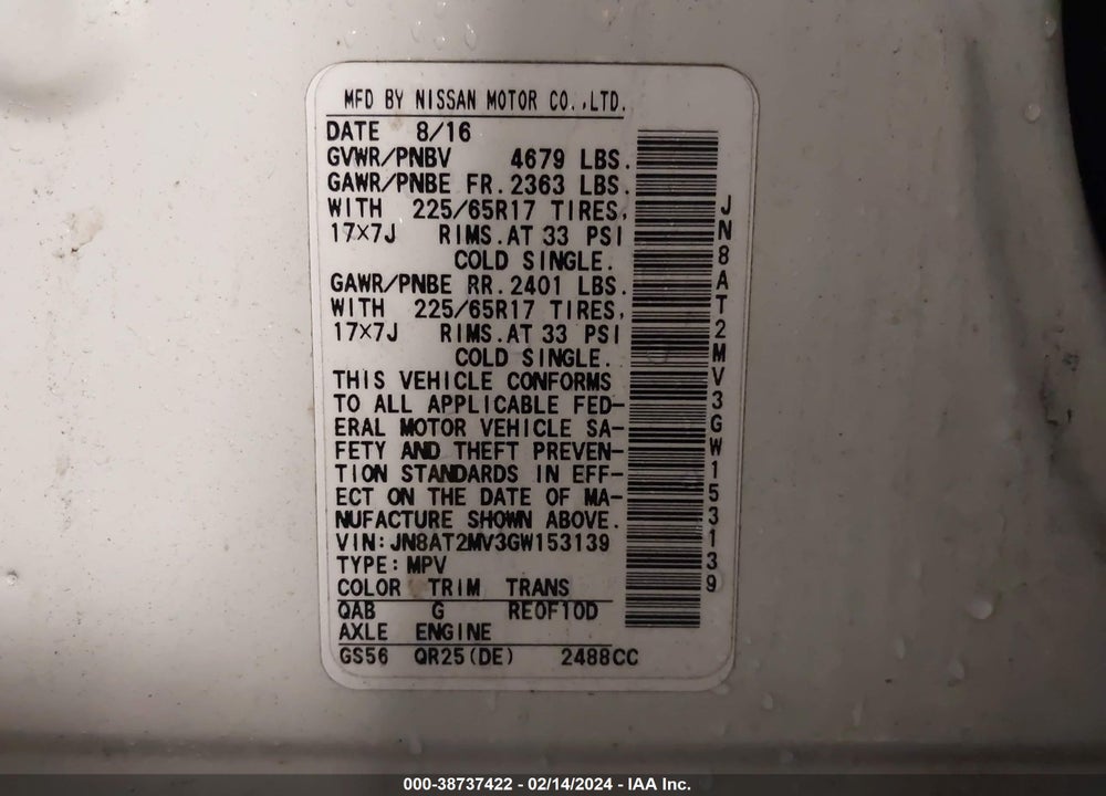 2016 NISSAN ROGUE SV VIN: JN8AT2MV3GW153139