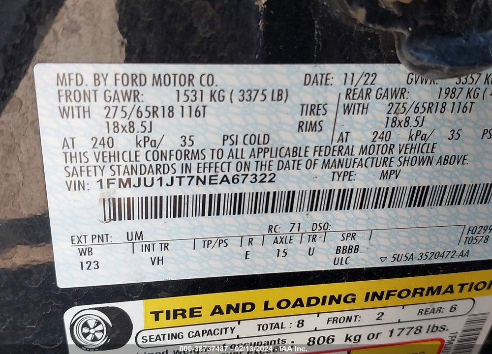 2022 FORD EXPEDITION XLT VIN: 1FMJU1JT7NEA67322