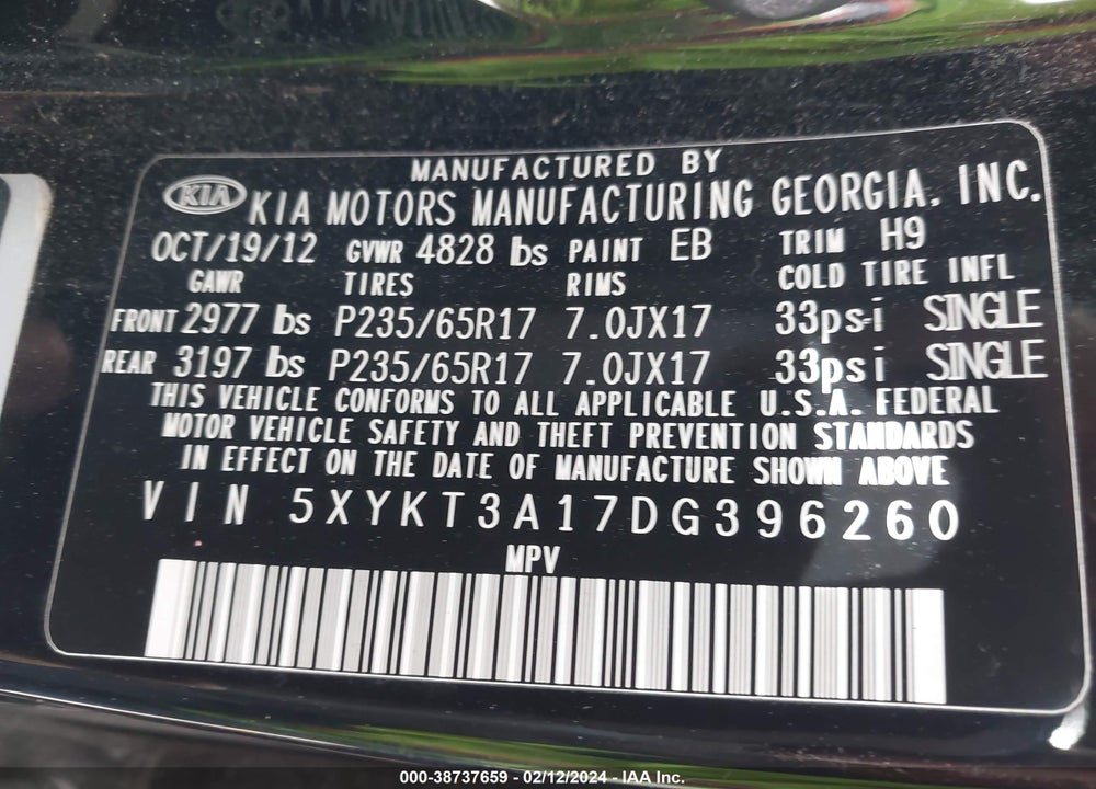 2013 KIA SORENTO LX VIN: 5XYKT3A17DG396260