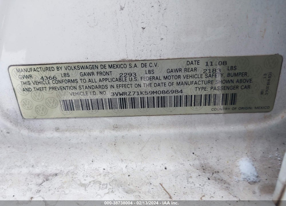 2009 VOLKSWAGEN JETTA SE VIN: 3VWRZ71K59M086984