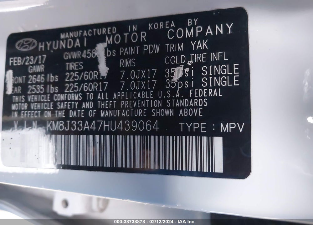 2017 HYUNDAI TUCSON SE PLUS VIN: KM8J33A47HU439064