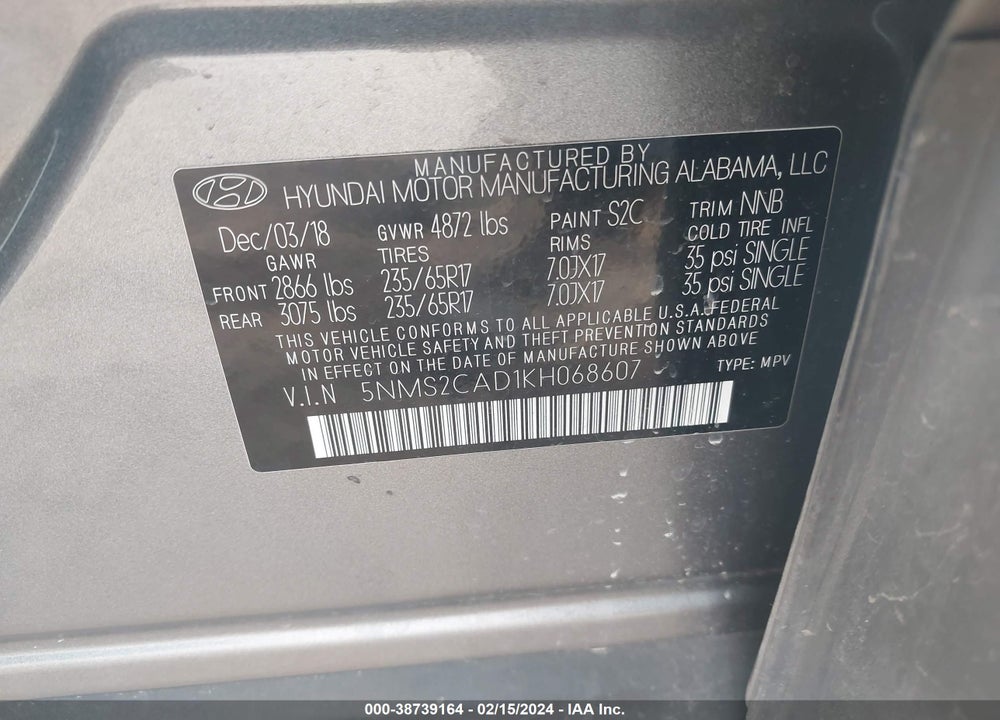 2019 HYUNDAI SANTA FE SE VIN: 5NMS2CAD1KH068607