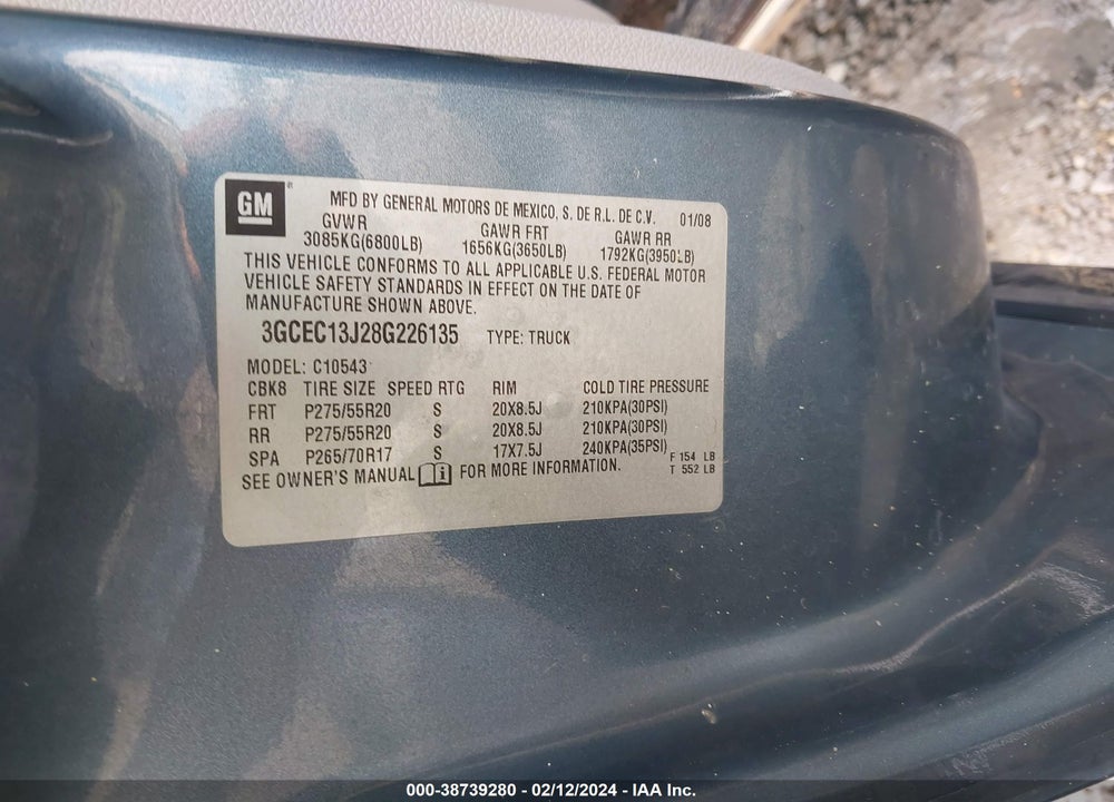 2008 CHEVROLET SILVERADO 1500 LT1 VIN: 3GCEC13J28G226135