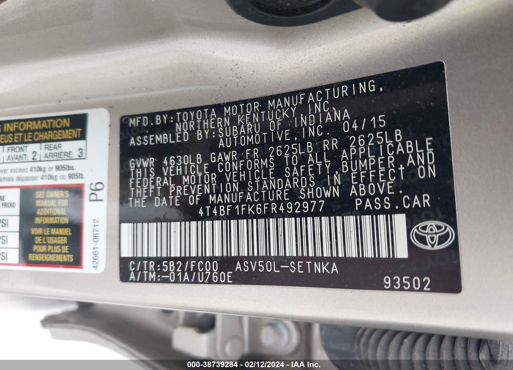 2015 TOYOTA CAMRY LE VIN: 4T4BF1FK6FR492977