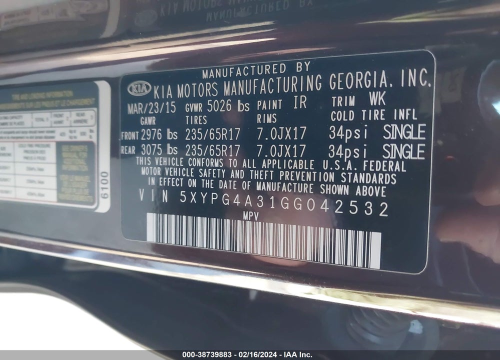 2016 KIA SORENTO 2.4L LX VIN: 5XYPG4A31GG042532