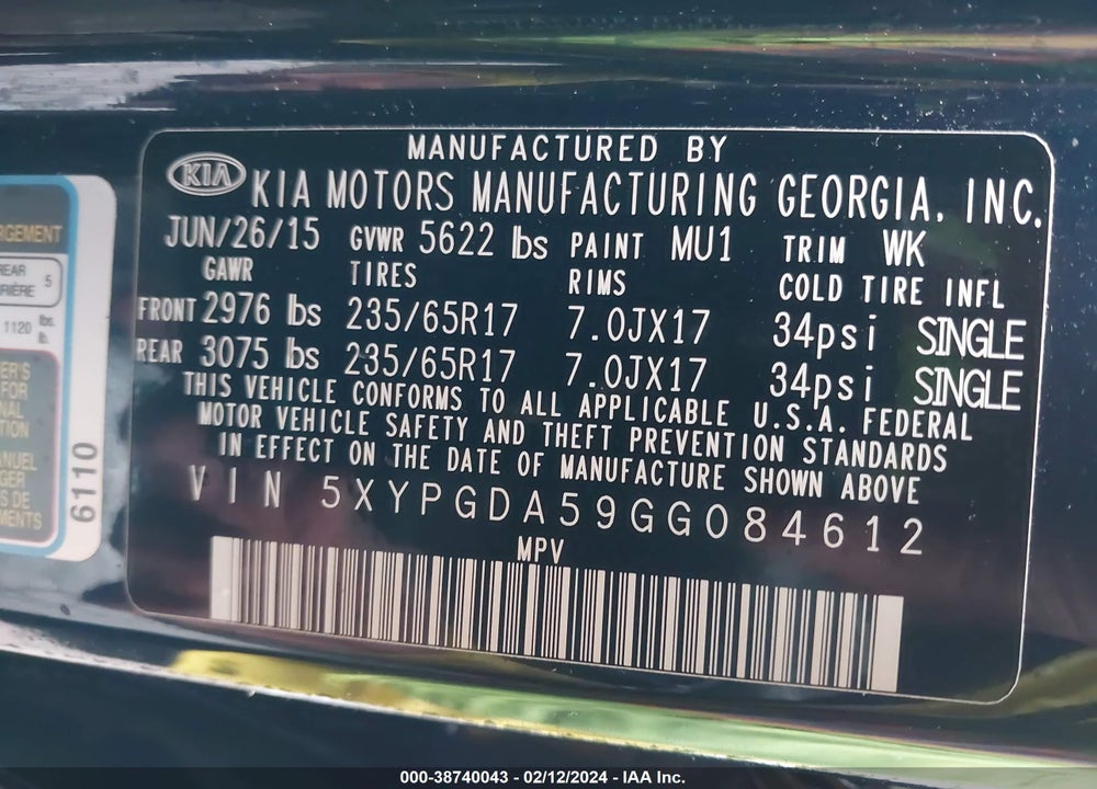 2016 KIA SORENTO 3.3L LX VIN: 5XYPGDA59GG084612