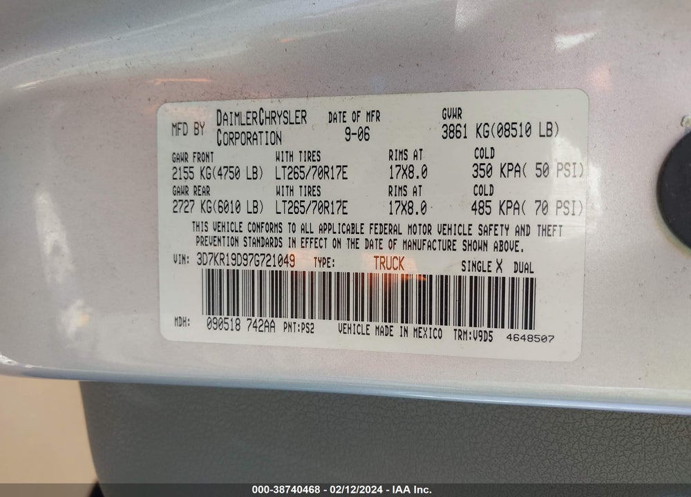 2007 DODGE RAM 1500 SLT VIN: 3D7KR19D97G721049