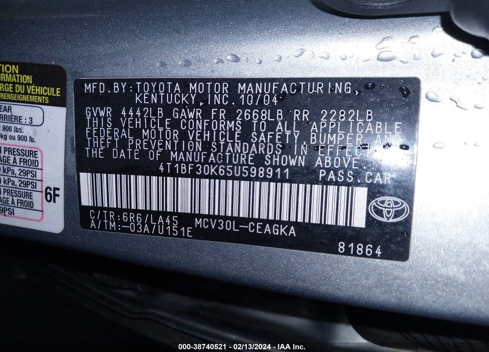 2005 TOYOTA CAMRY XLE V6 VIN: 4T1BF30K65U598911