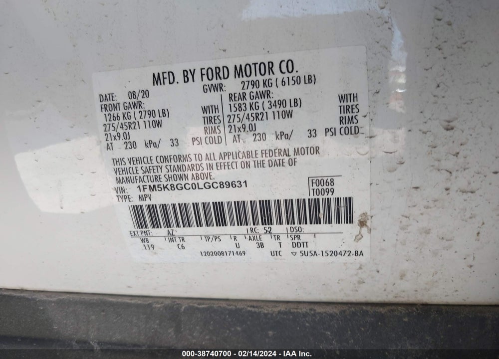 2020 FORD EXPLORER ST VIN: 1FM5K8GC0LGC89631