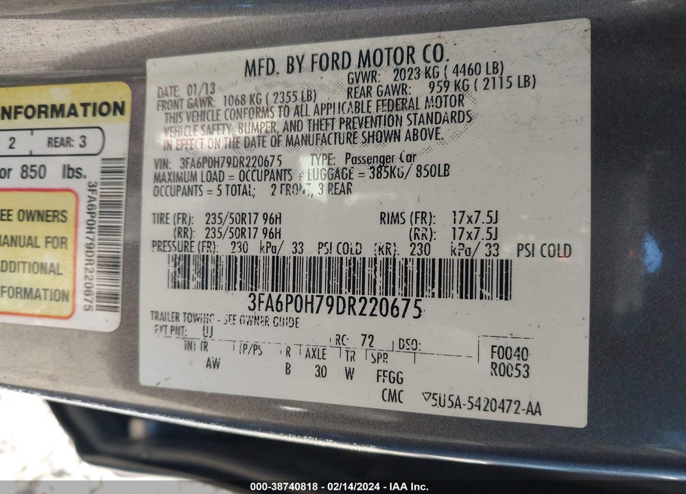 2013 FORD FUSION SE VIN: 3FA6P0H79DR220675