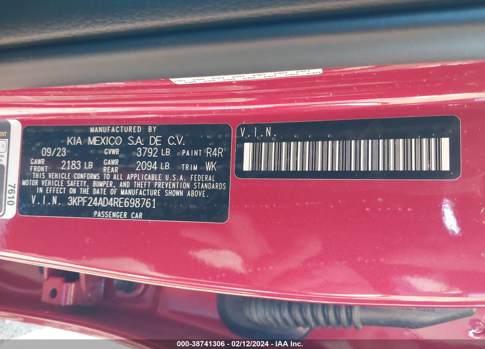 2024 KIA FORTE LXS VIN: 3KPF24AD4RE698761