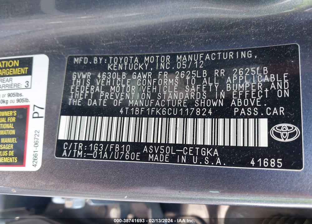 2012 TOYOTA CAMRY XLE VIN: 4T1BF1FK6CU117824