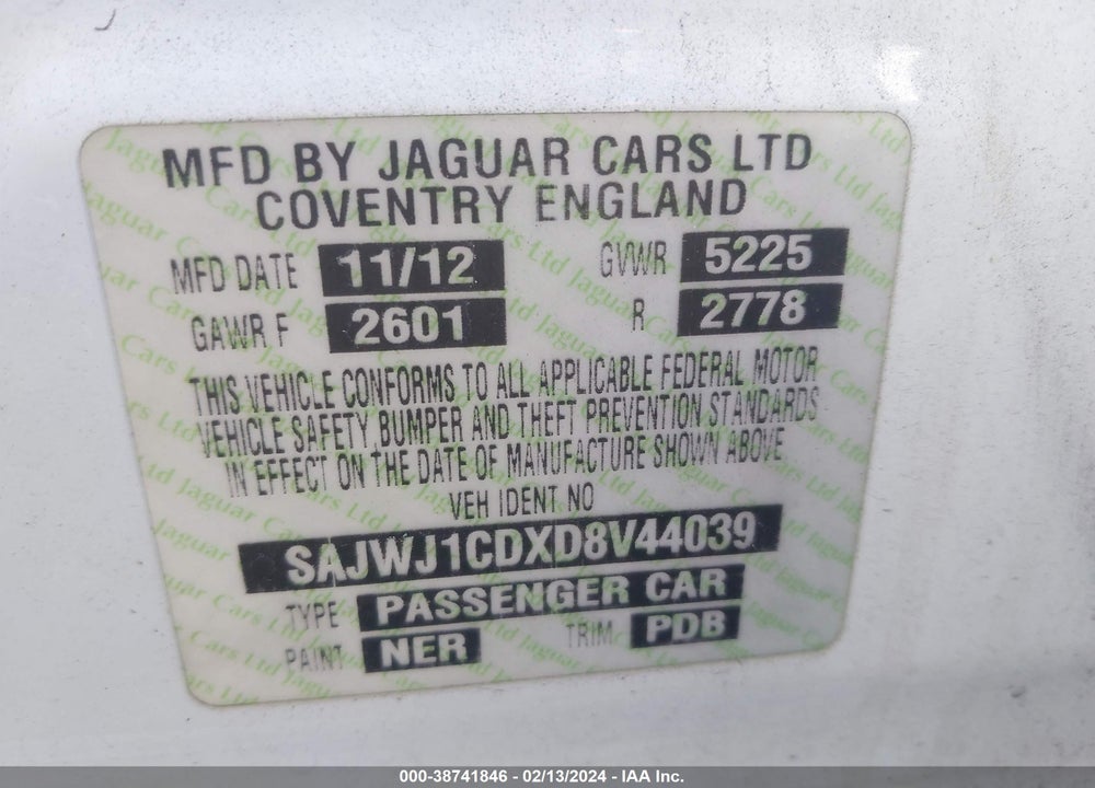 2013 JAGUAR XJ VIN: SAJWJ1CDXD8V44039