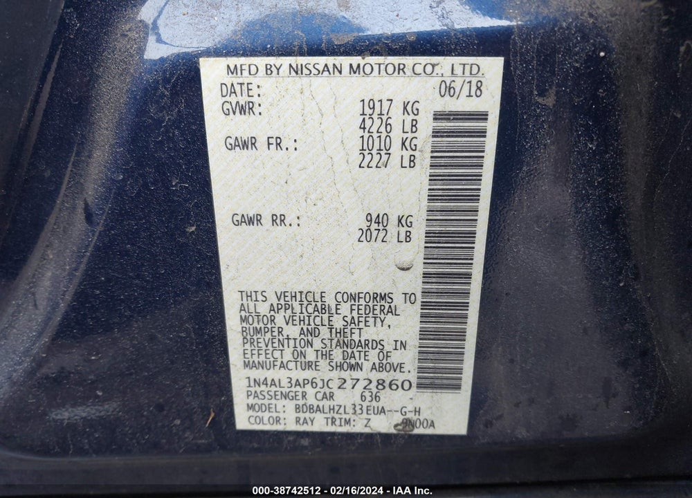 2018 NISSAN ALTIMA 2.5 SR VIN: 1N4AL3AP6JC272860