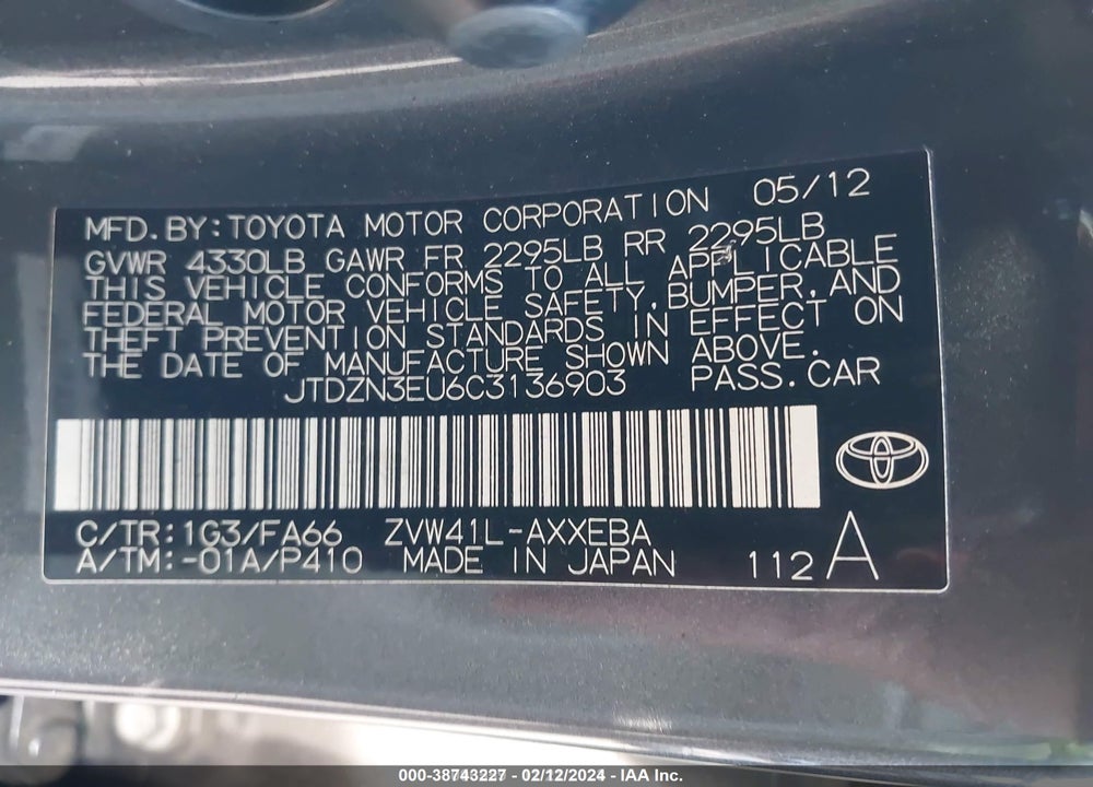 2012 TOYOTA PRIUS V VIN: JTDZN3EU6C3136903