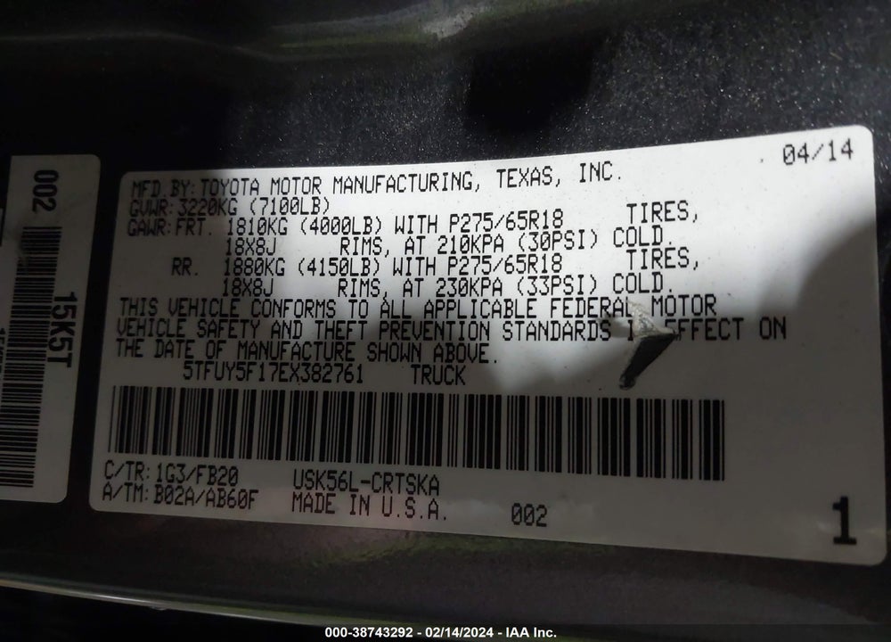 2014 TOYOTA TUNDRA SR5 5.7L V8 VIN: 5TFUY5F17EX382761
