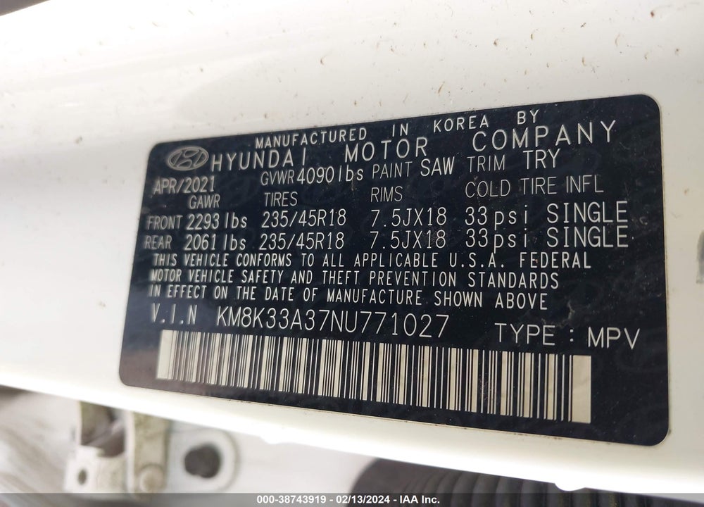 2022 HYUNDAI KONA N LINE VIN: KM8K33A37NU771027