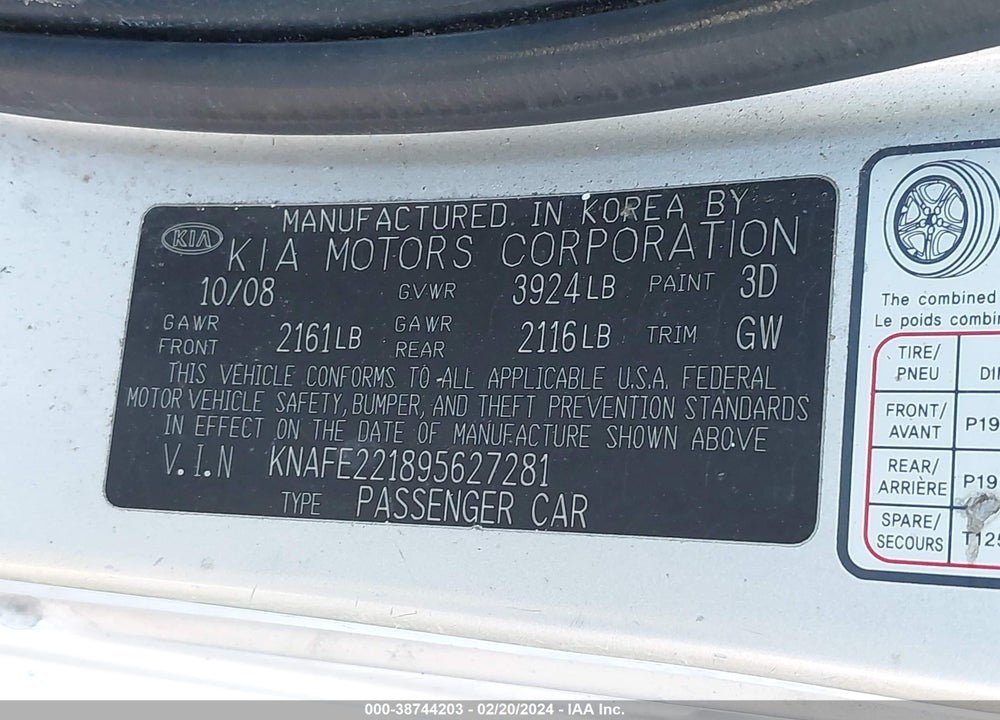 2009 KIA SPECTRA EX VIN: KNAFE221895627281