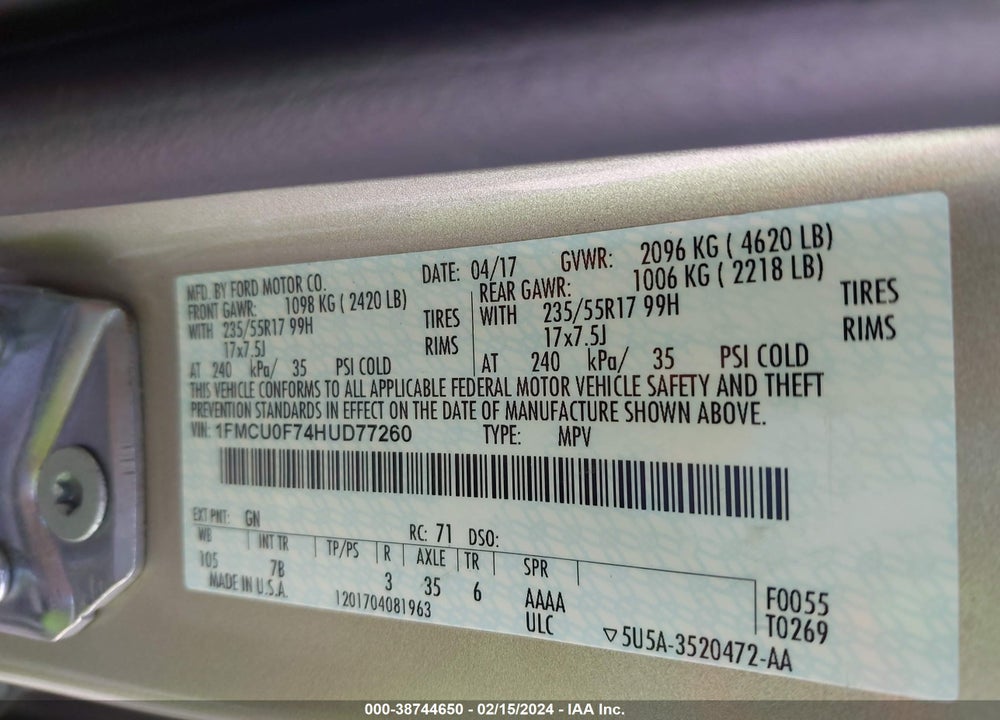 2017 FORD ESCAPE S VIN: 1FMCU0F74HUD77260