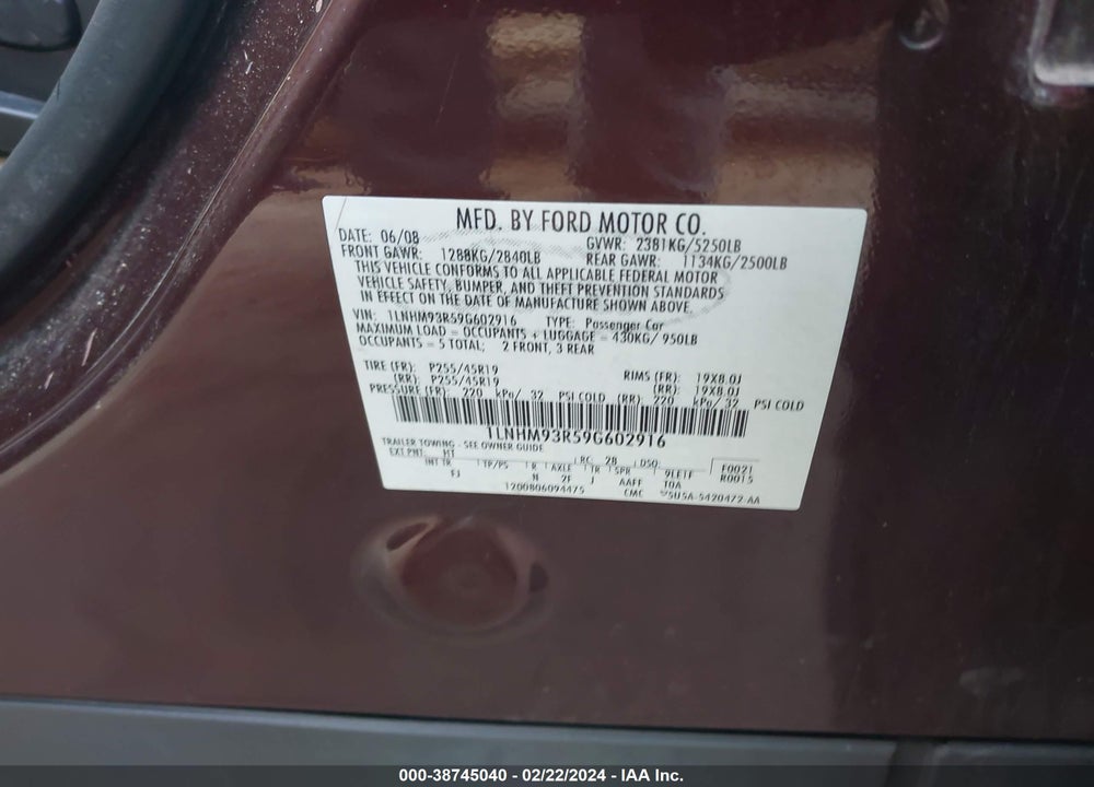 2009 LINCOLN MKS VIN: 1LNHM93R59G602916