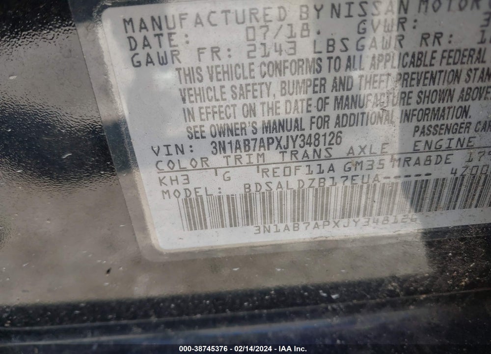 2018 NISSAN SENTRA SV VIN: 3N1AB7APXJY348126