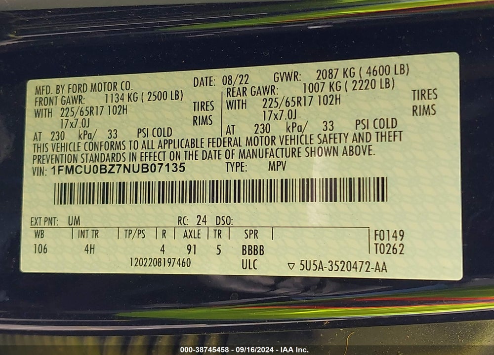 2022 FORD ESCAPE SE HYBRID VIN: 1FMCU0BZ7NUB07135