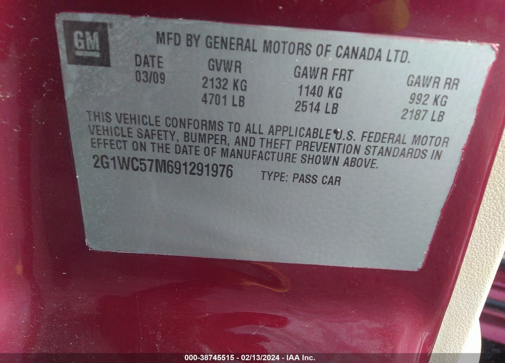 2009 CHEVROLET IMPALA LT VIN: 2G1WC57M691291976