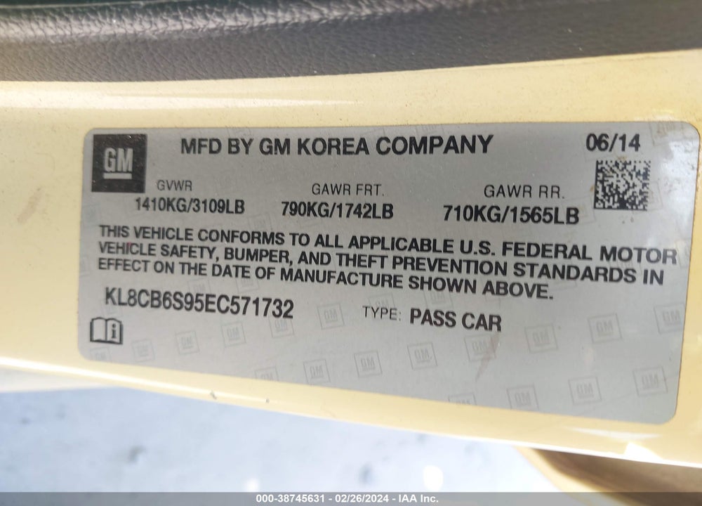 2014 CHEVROLET SPARK LS AUTO VIN: KL8CB6S95EC571732