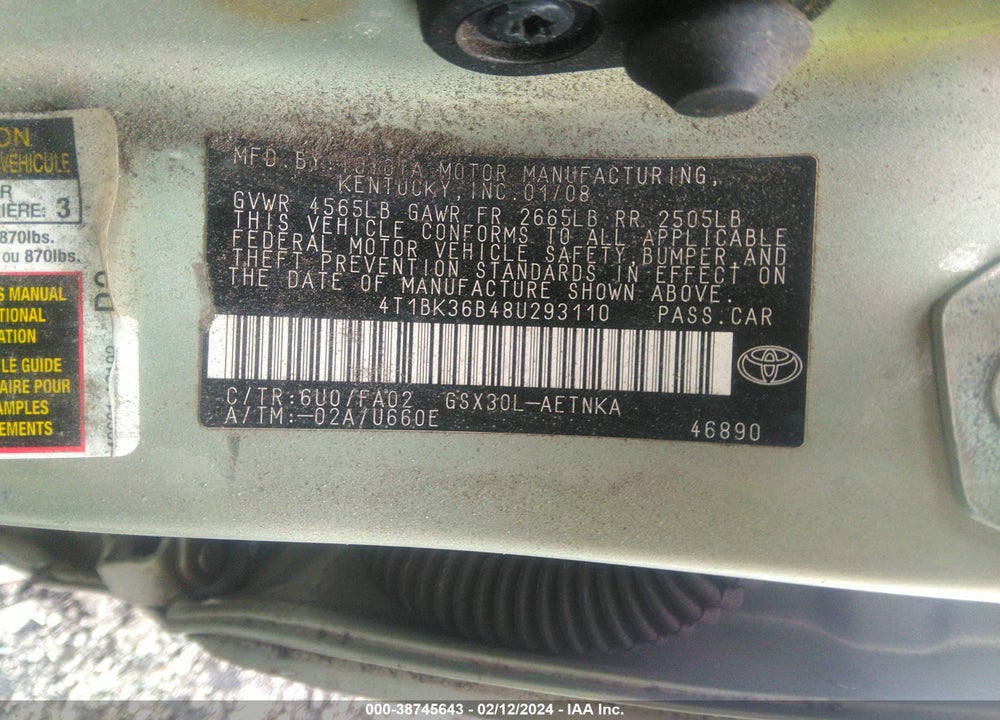 2008 TOYOTA AVALON XL VIN: 4T1BK36B48U293110