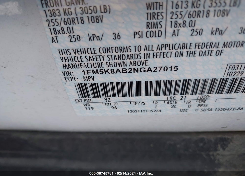 2022 FORD POLICE INTERCEPTOR UTILITY VIN: 1FM5K8AB2NGA27015