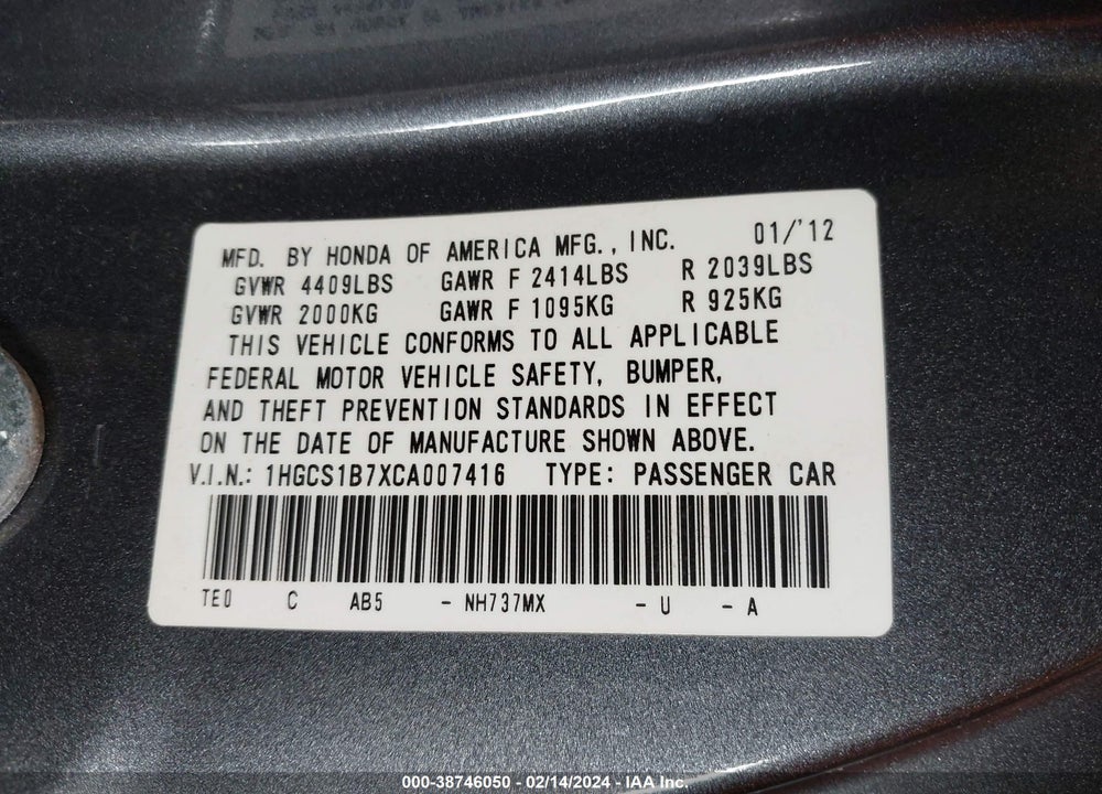 2012 HONDA ACCORD 2.4 EX VIN: 1HGCS1B7XCA007416