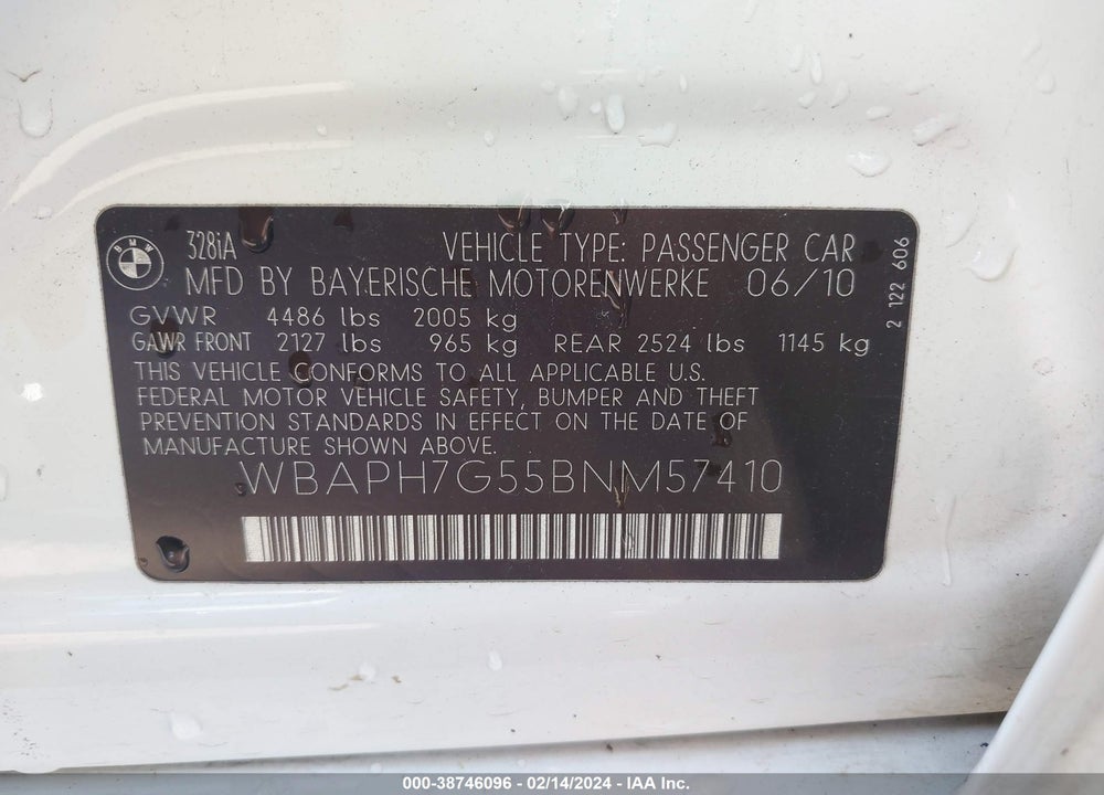 2011 BMW 328I VIN: WBAPH7G55BNM57410