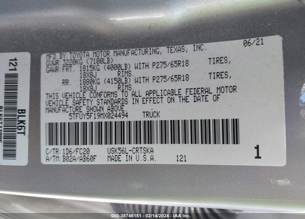 2021 TOYOTA TUNDRA SR5 VIN: 5TFUY5F19MX024494