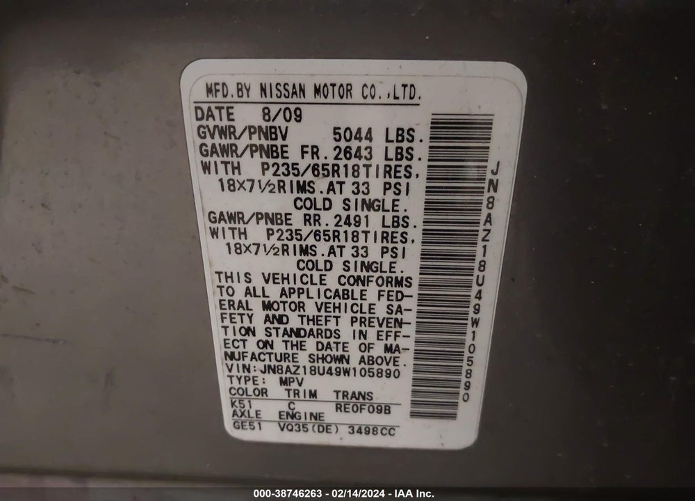 2009 NISSAN MURANO SL VIN: JN8AZ18U49W105890