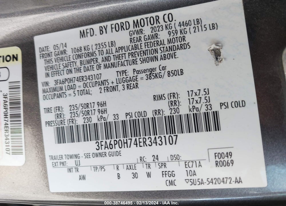 2014 FORD FUSION SE VIN: 3FA6P0H74ER343107