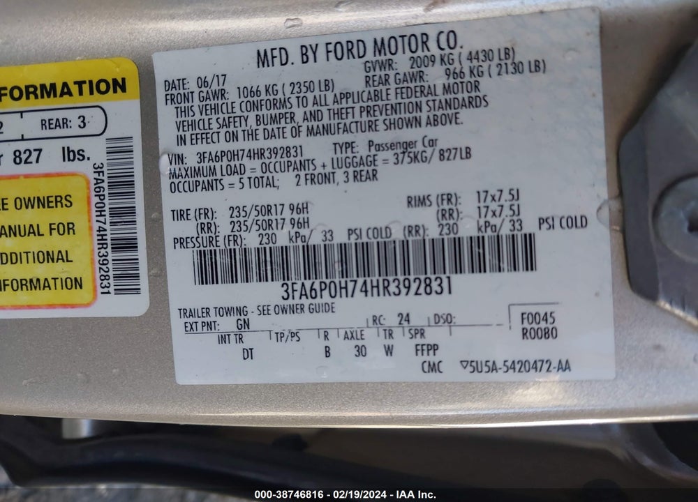 2017 FORD FUSION VIN: 3FA6P0H74HR392831