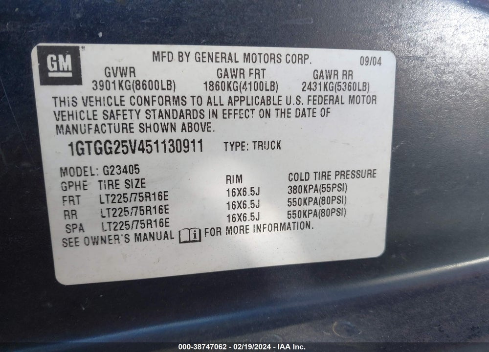2005 GMC SAVANA STANDARD VIN: 1GTGG25V451130911