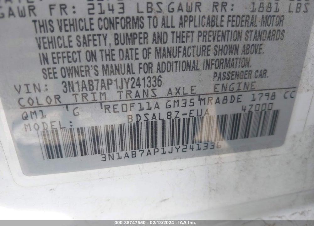 2018 NISSAN SENTRA S VIN: 3N1AB7AP1JY241336