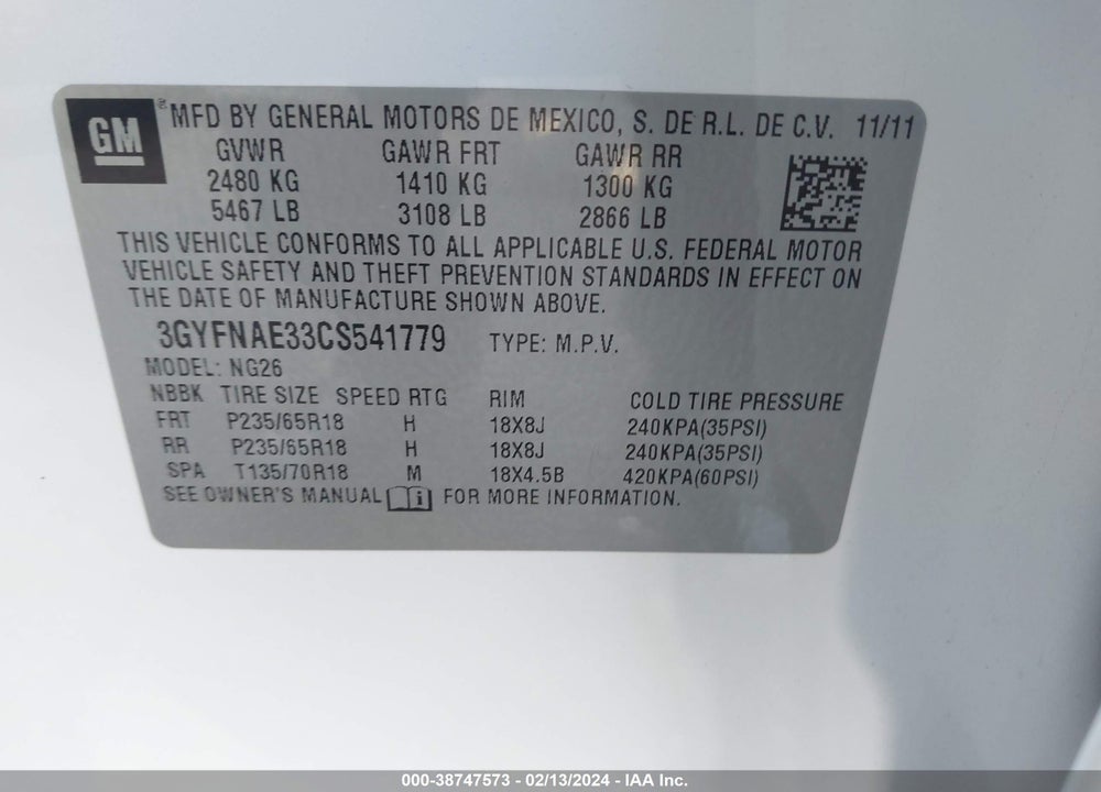 2012 CADILLAC SRX LUXURY COLLECTION VIN: 3GYFNAE33CS541779