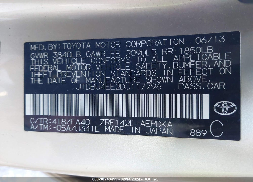 2013 TOYOTA COROLLA L VIN: JTDBU4EE2DJ117796