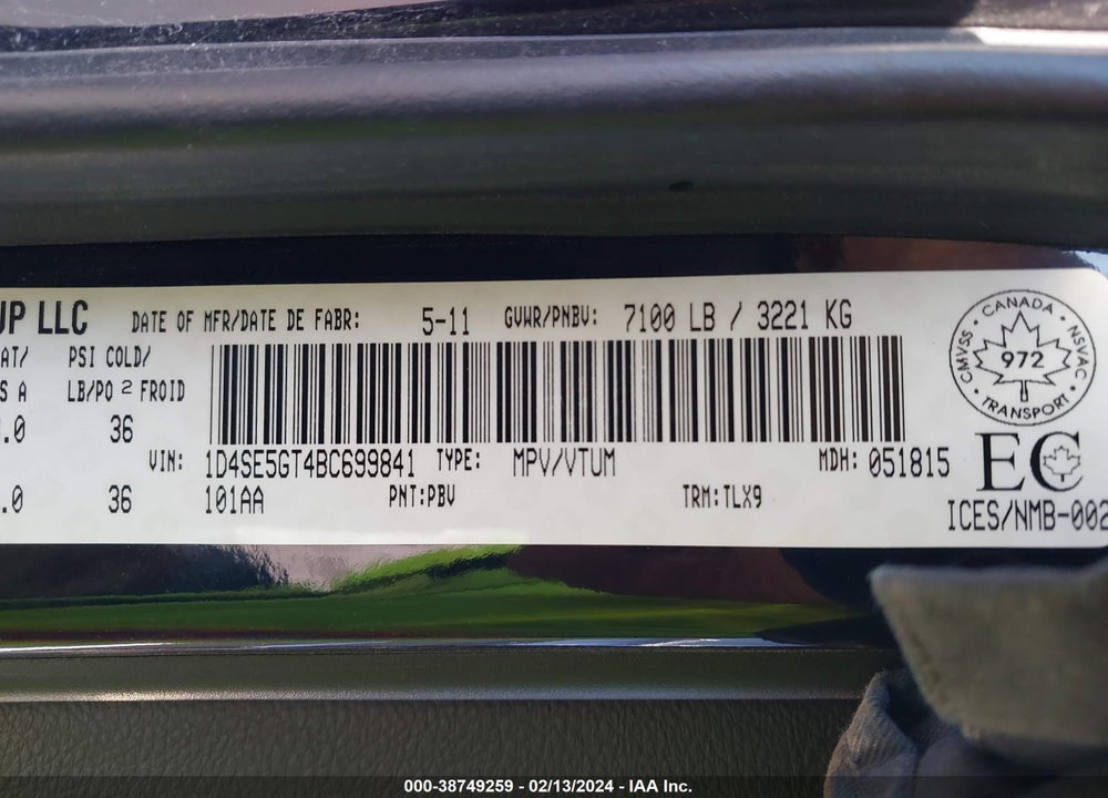 2011 DODGE DURANGO CITADEL VIN: 1D4SE5GT4BC699841