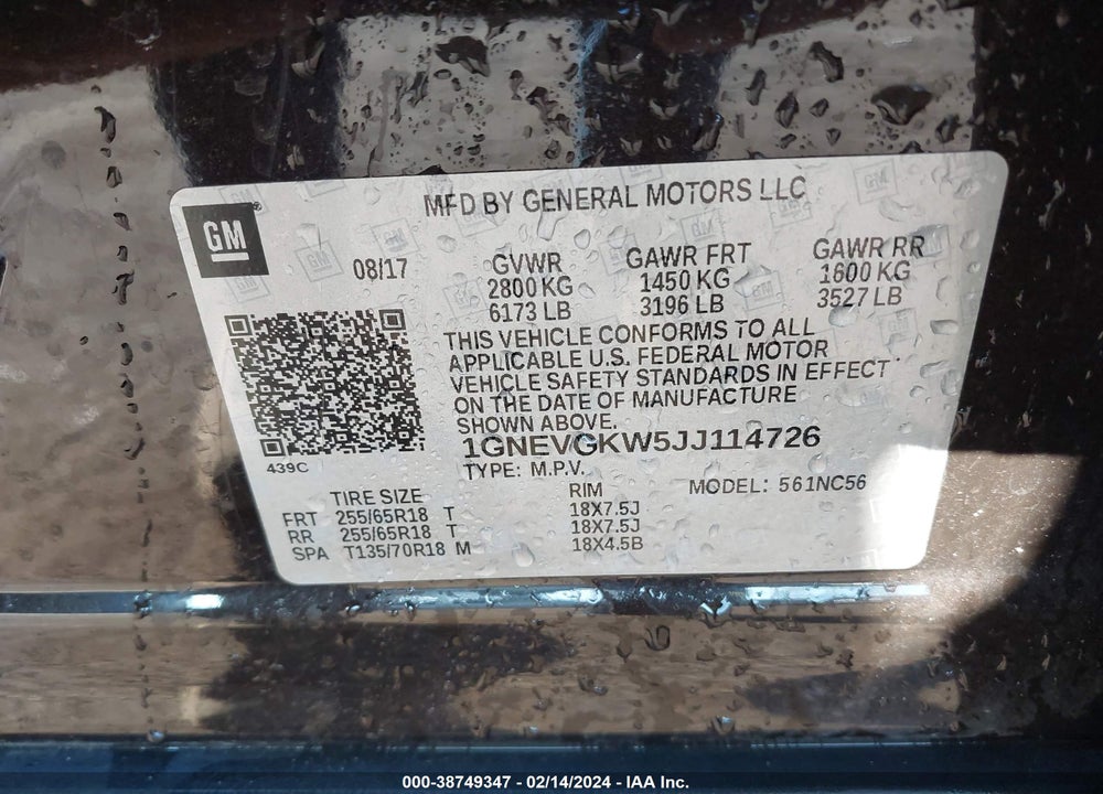 2018 CHEVROLET TRAVERSE 1LT VIN: 1GNEVGKW5JJ114726