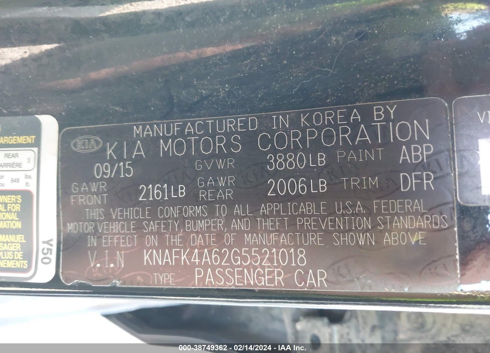 2016 KIA FORTE LX VIN: KNAFK4A62G5521018