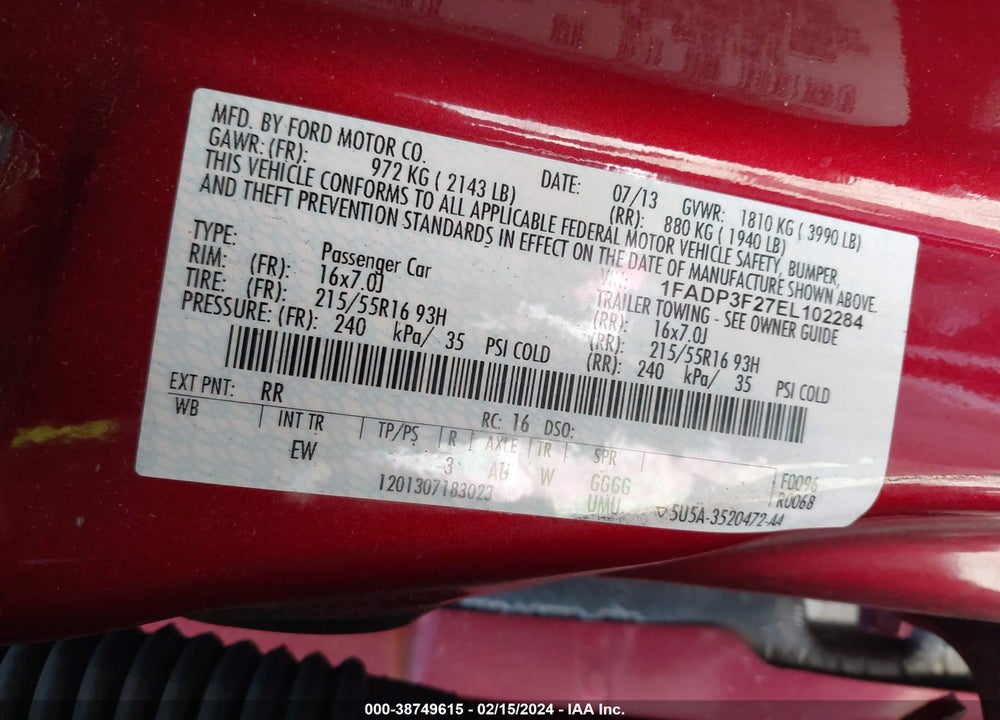 2014 FORD FOCUS SE VIN: 1FADP3F27EL102284