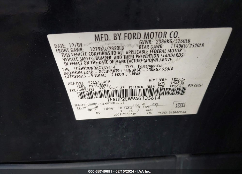 2010 FORD TAURUS VIN: 1FAHP2EW9AG135614