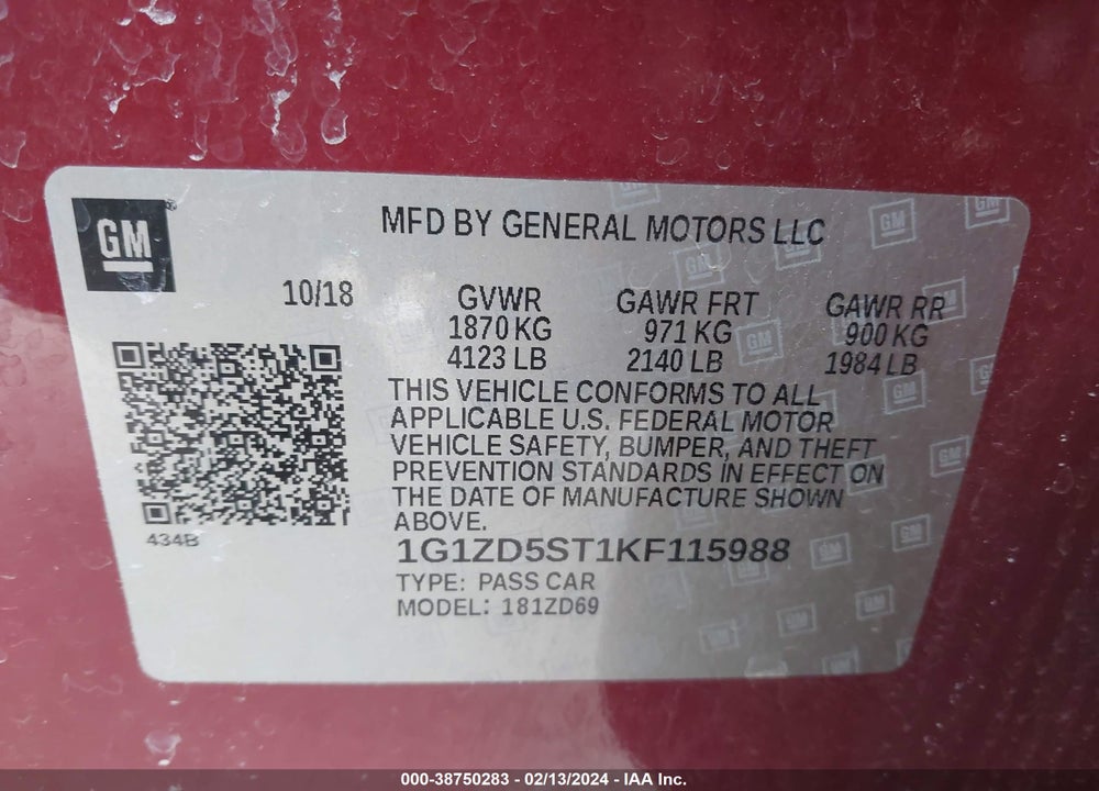 2019 CHEVROLET MALIBU LT VIN: 1G1ZD5ST1KF115988