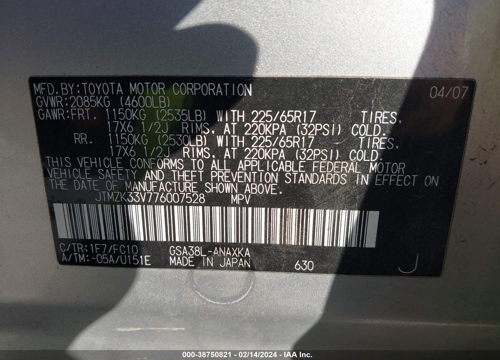 2007 TOYOTA RAV4 BASE V6 VIN: JTMZK33V776007528