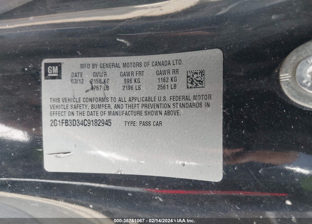 2012 CHEVROLET CAMARO 1LT VIN: 2G1FB3D34C9182945
