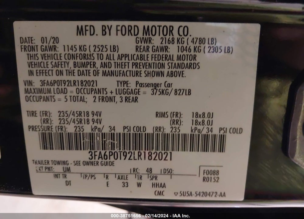 2020 FORD FUSION SE VIN: 3FA6P0T92LR182021