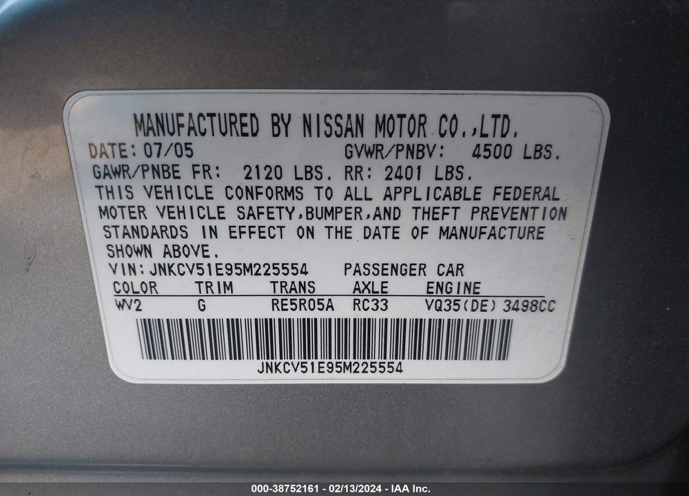 2005 INFINITI G35 VIN: JNKCV51E95M225554